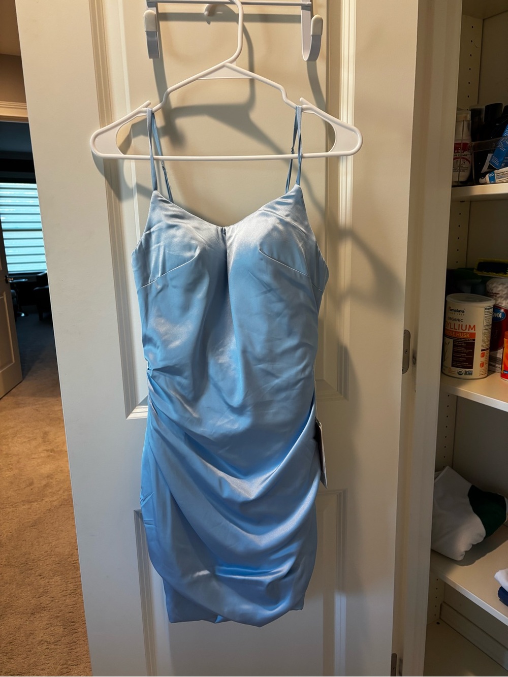 Stacees - Satin Spaghetti Strap Mini Dress - Light Blue